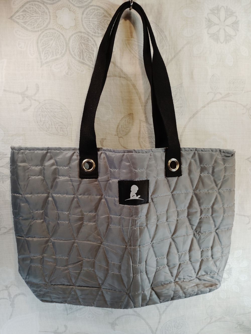 Saint Jude Quilted Gray Tote Bag with Black Handles